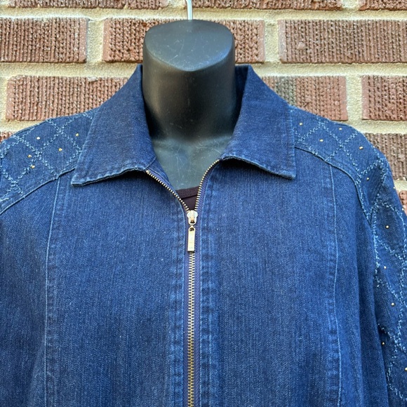Alfred Dunner Women's Studded Zip Up Denim Blue Jean Collared Jacket Size 12P - Picture 2 of 9